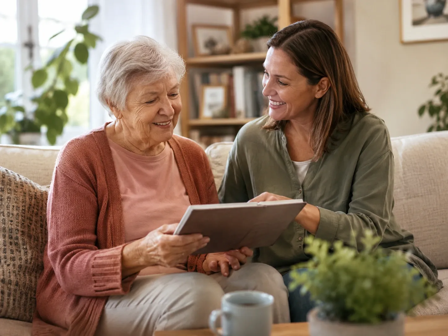 Older adult receiving warm support at home from a caregiver